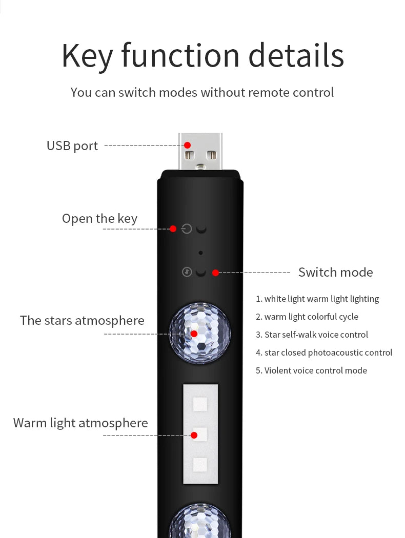 Lampă LED auto acoperiș stele atmosferă lampă wireless voce control RGB USB încărcare auto interior decorativ ambiental petrecere lumini