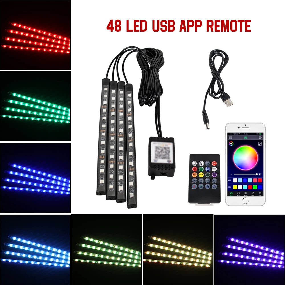 Neon 36 48 72 LED mașina interior ambiental picior lumină wireless telecomandă muzică APP control Auto RGB atmosferă lampă decorativă