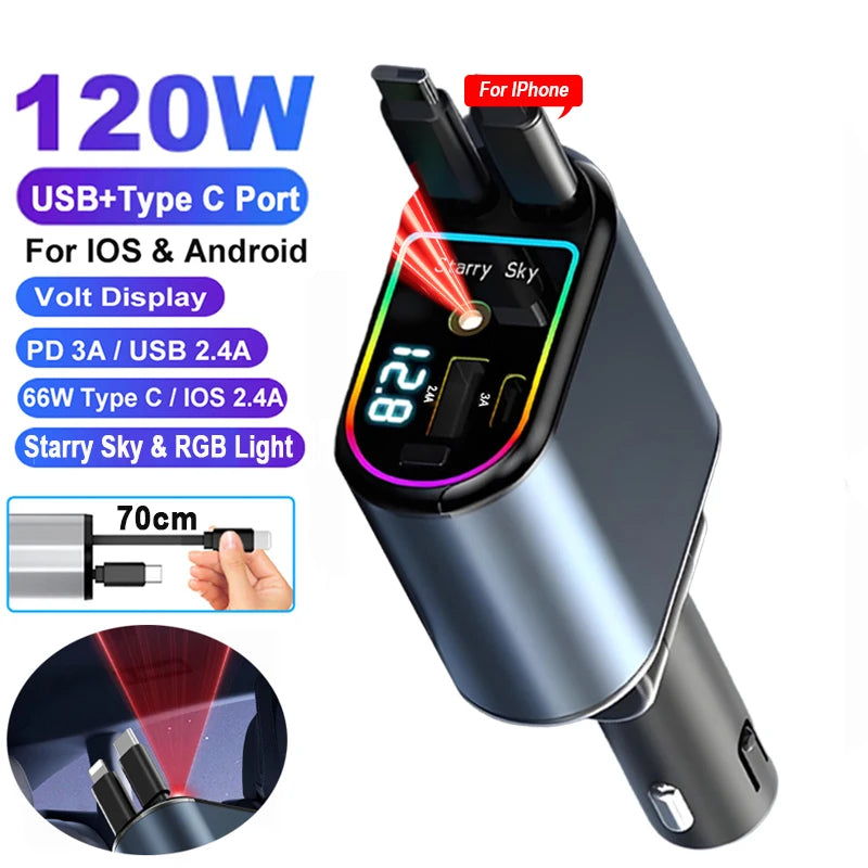 Adaptor încărcător auto 120W încărcare rapidă USB tip C cablu încărcător rapid cu cabluri retractabile potrivit pentru iPhone 16/15/14/13/12 Samsung