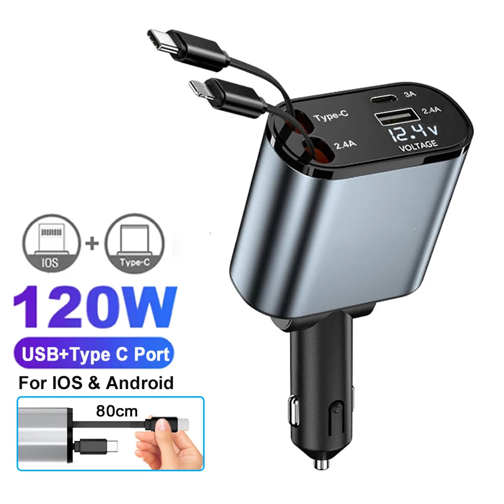 Adaptor încărcător auto 120W încărcare rapidă USB tip C cablu încărcător rapid cu cabluri retractabile potrivit pentru iPhone 16/15/14/13/12 Samsung