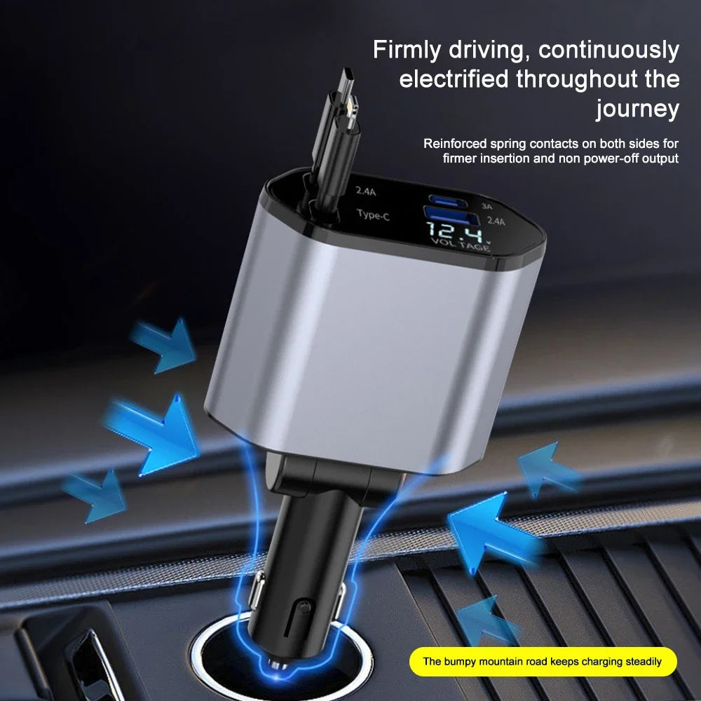 Adaptor încărcător auto 120W încărcare rapidă USB tip C cablu încărcător rapid cu cabluri retractabile potrivit pentru iPhone 16/15/14/13/12 Samsung