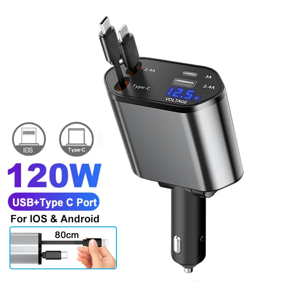Adaptor încărcător auto 120W încărcare rapidă USB tip C cablu încărcător rapid cu cabluri retractabile potrivit pentru iPhone 16/15/14/13/12 Samsung