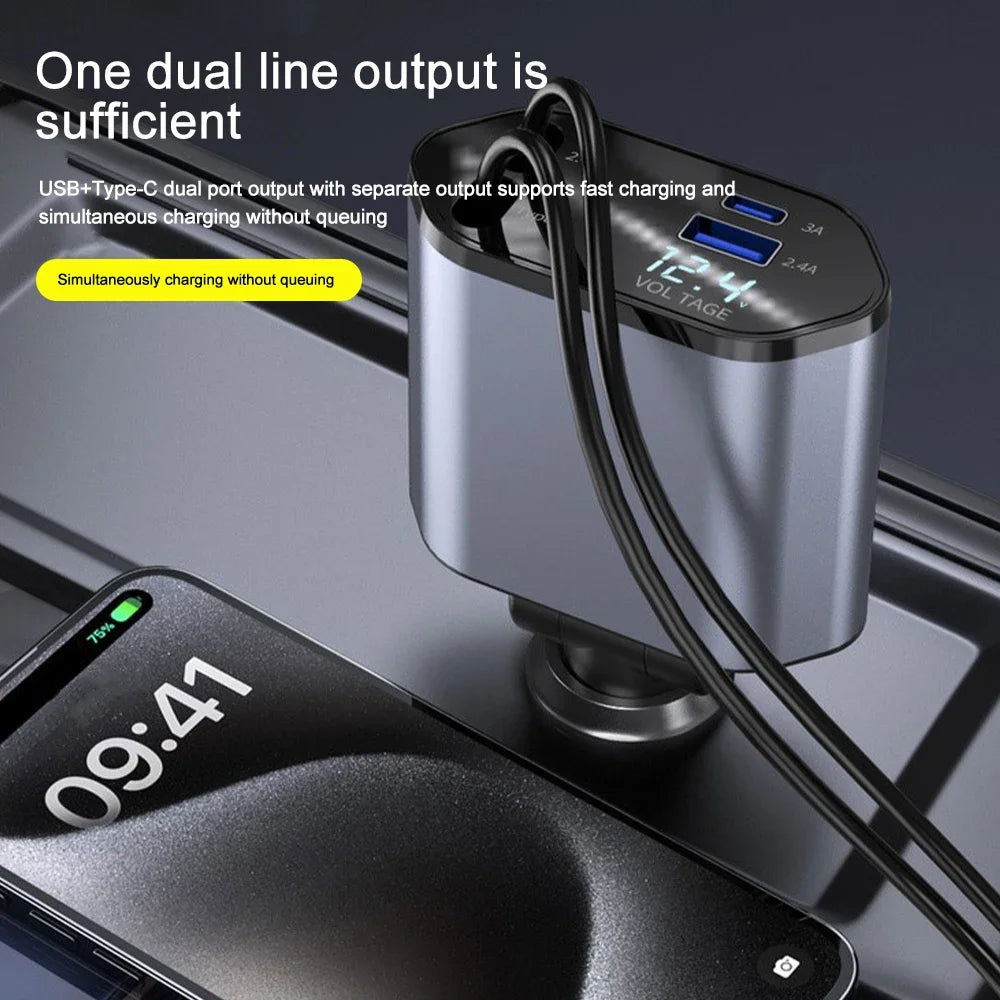 Adaptor încărcător auto 120W încărcare rapidă USB tip C cablu încărcător rapid cu cabluri retractabile potrivit pentru iPhone 16/15/14/13/12 Samsung