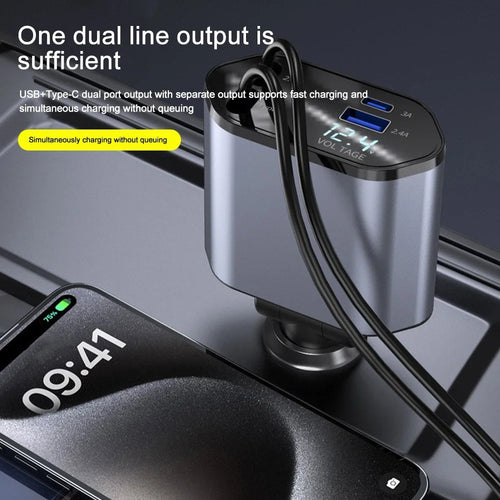 Adaptor încărcător auto 120W încărcare rapidă USB tip C cablu încărcător rapid cu cabluri retractabile potrivit pentru iPhone 16/15/14/13/12 Samsung